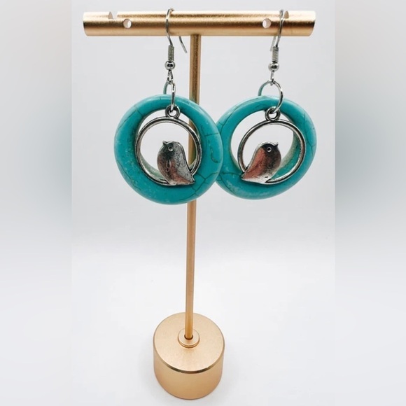 Silver Bird Turquoise Stone Hoop Drop Earrings - Picture 8 of 16